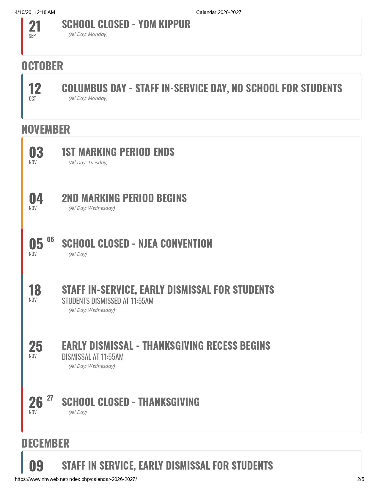North Hunterdon-Voorhees Regional High School Calendar 26-27 Updates