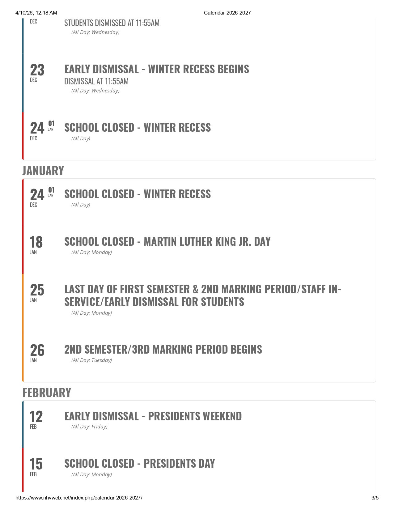 North Hunterdon-Voorhees Regional High School Calendar 26-27 Updates