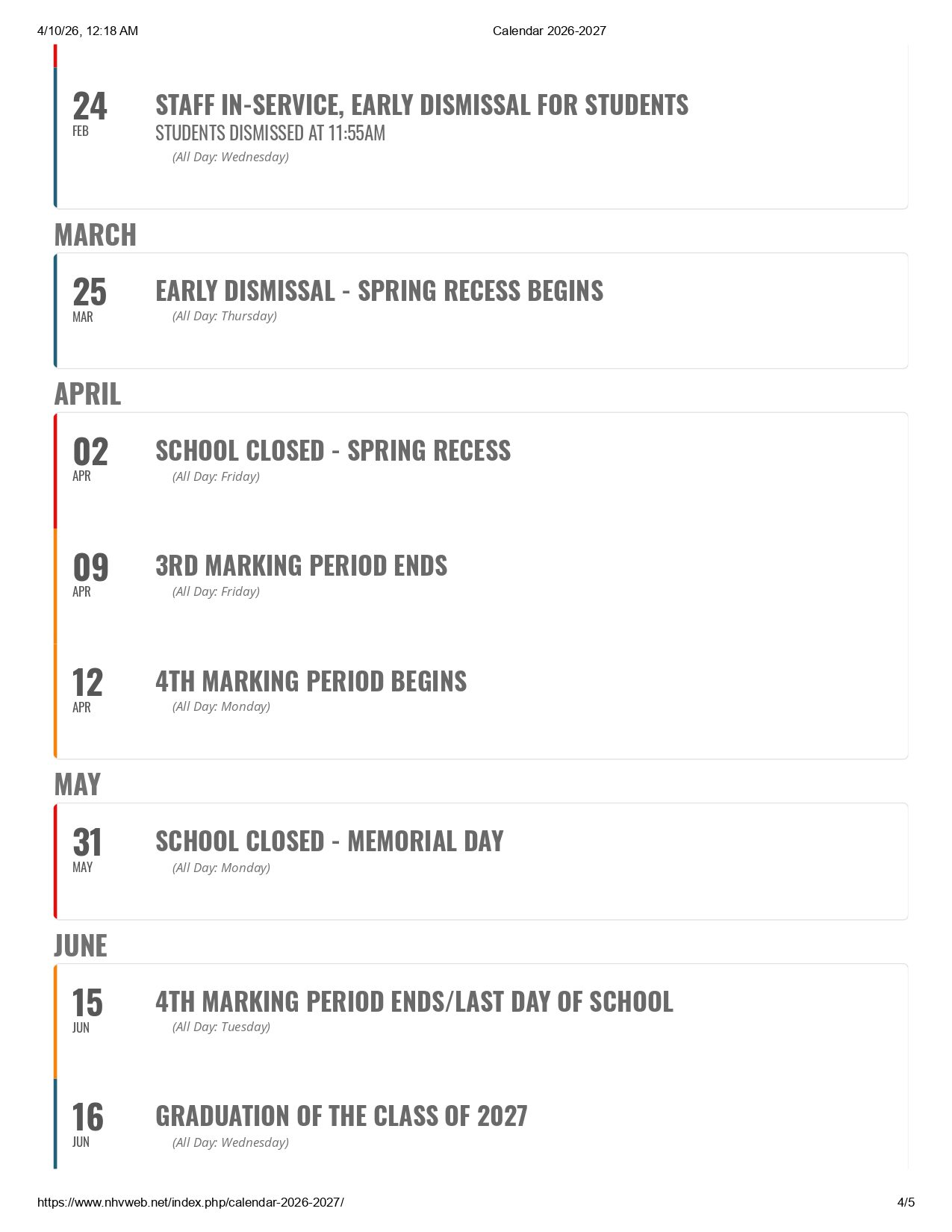 North Hunterdon-Voorhees Regional High School Calendar 26-27 Updates