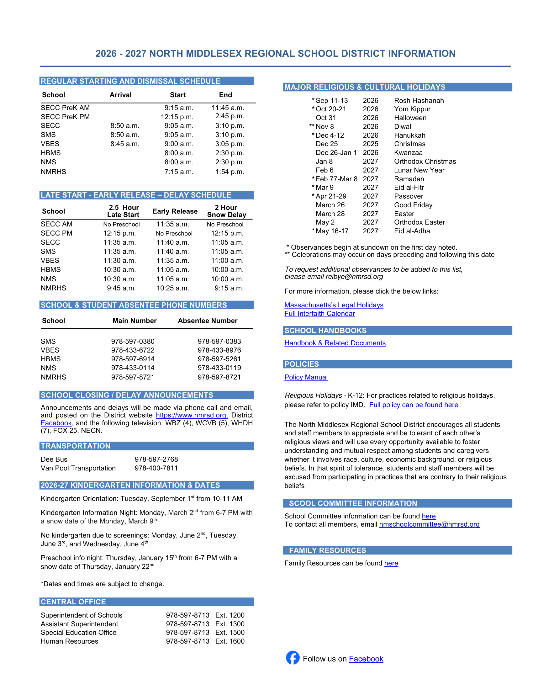 North Middlesex Regional School District 26-27 Calendar [PDF]