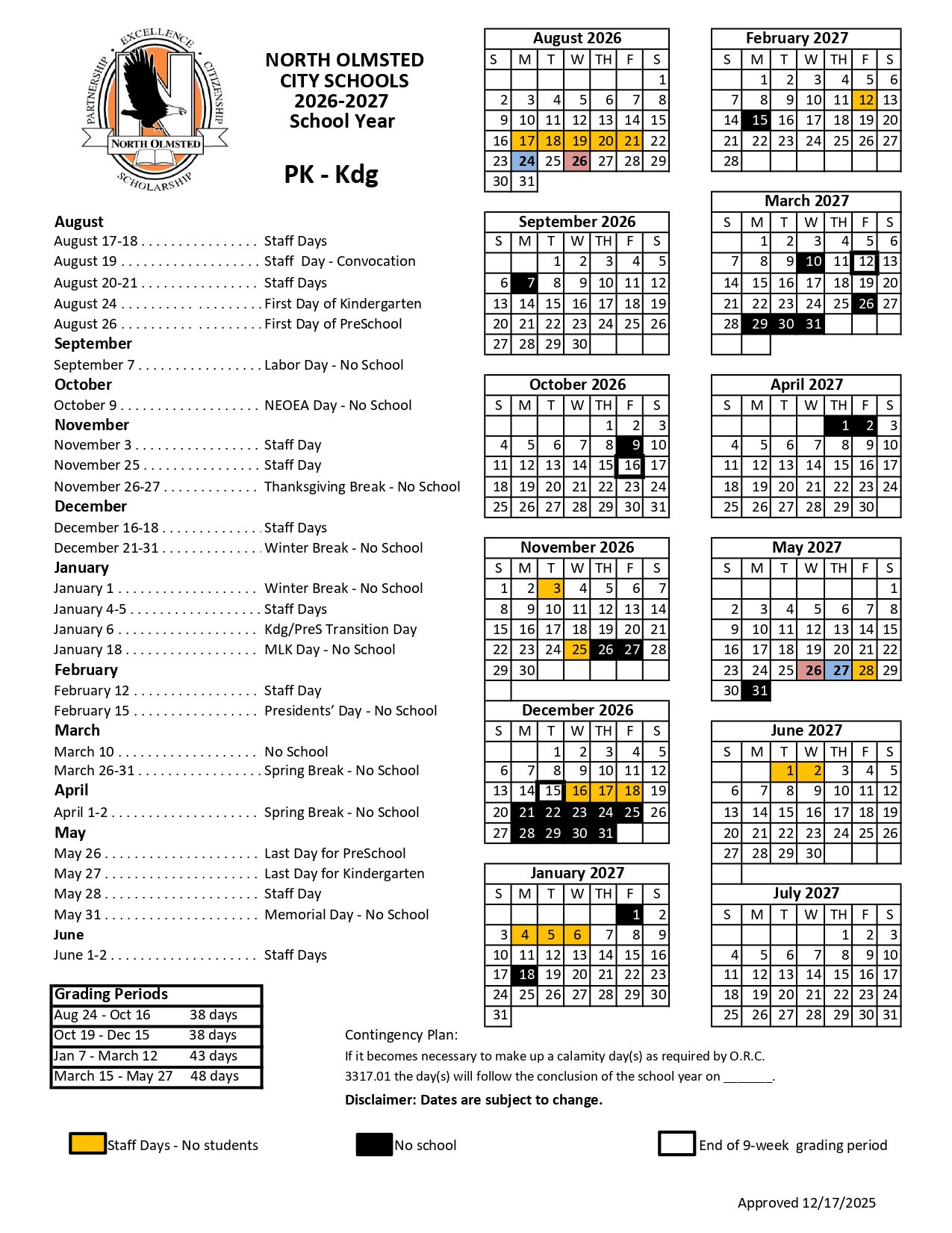 North Olmsted City Schools Calendar 26/27 Updates