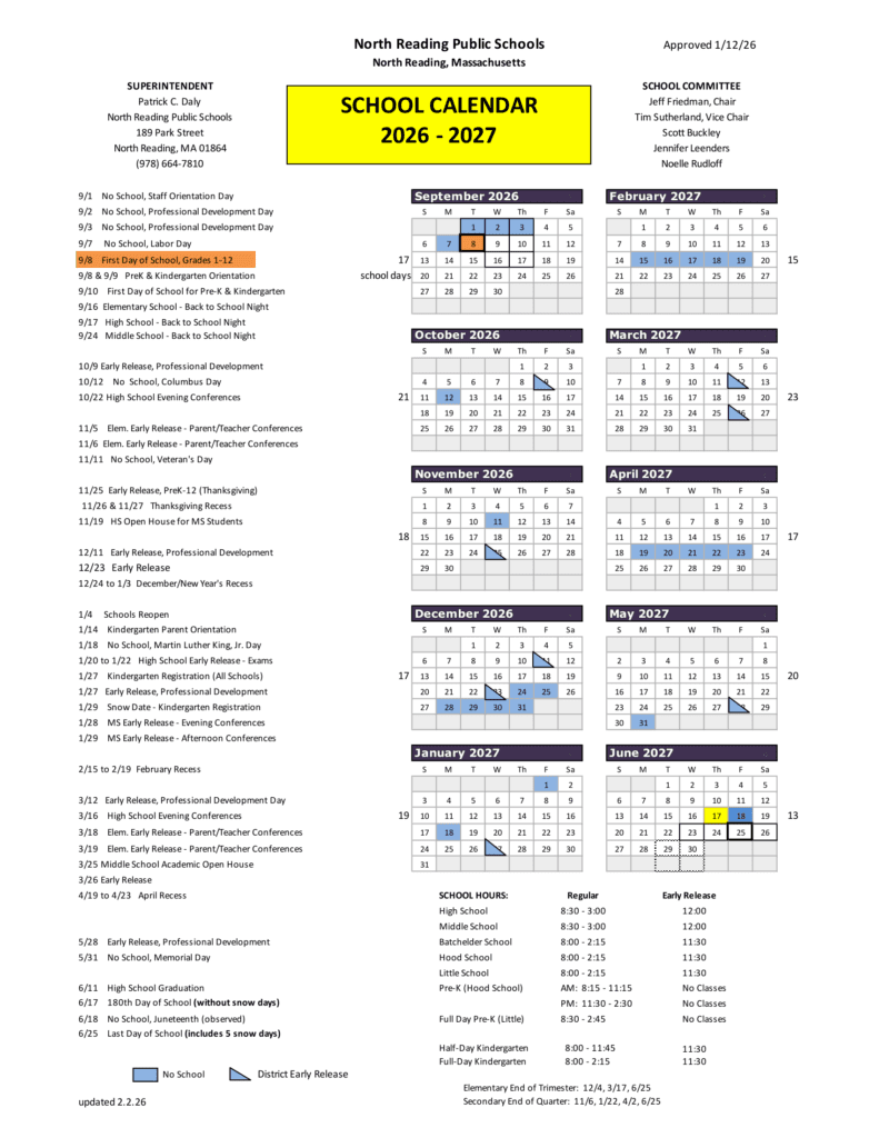 North Reading Public Schools 26-27 Calendar