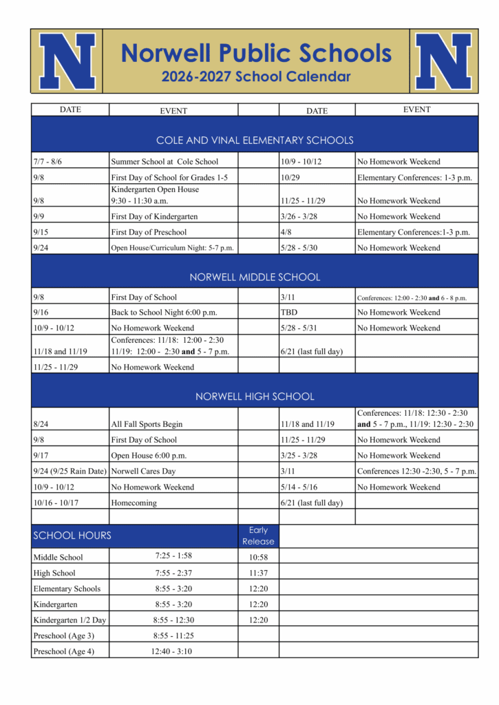 Norwell Public Schools 26-27 Calendar