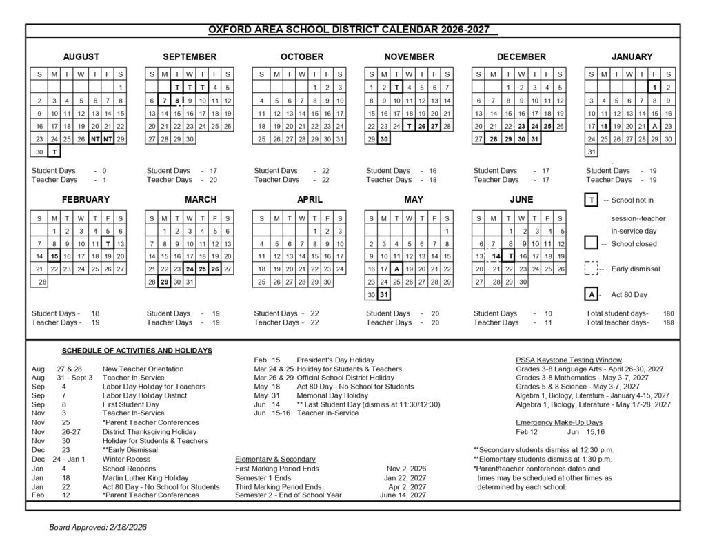 OXFORD AREA SCHOOL DISTRICT 2026-2027