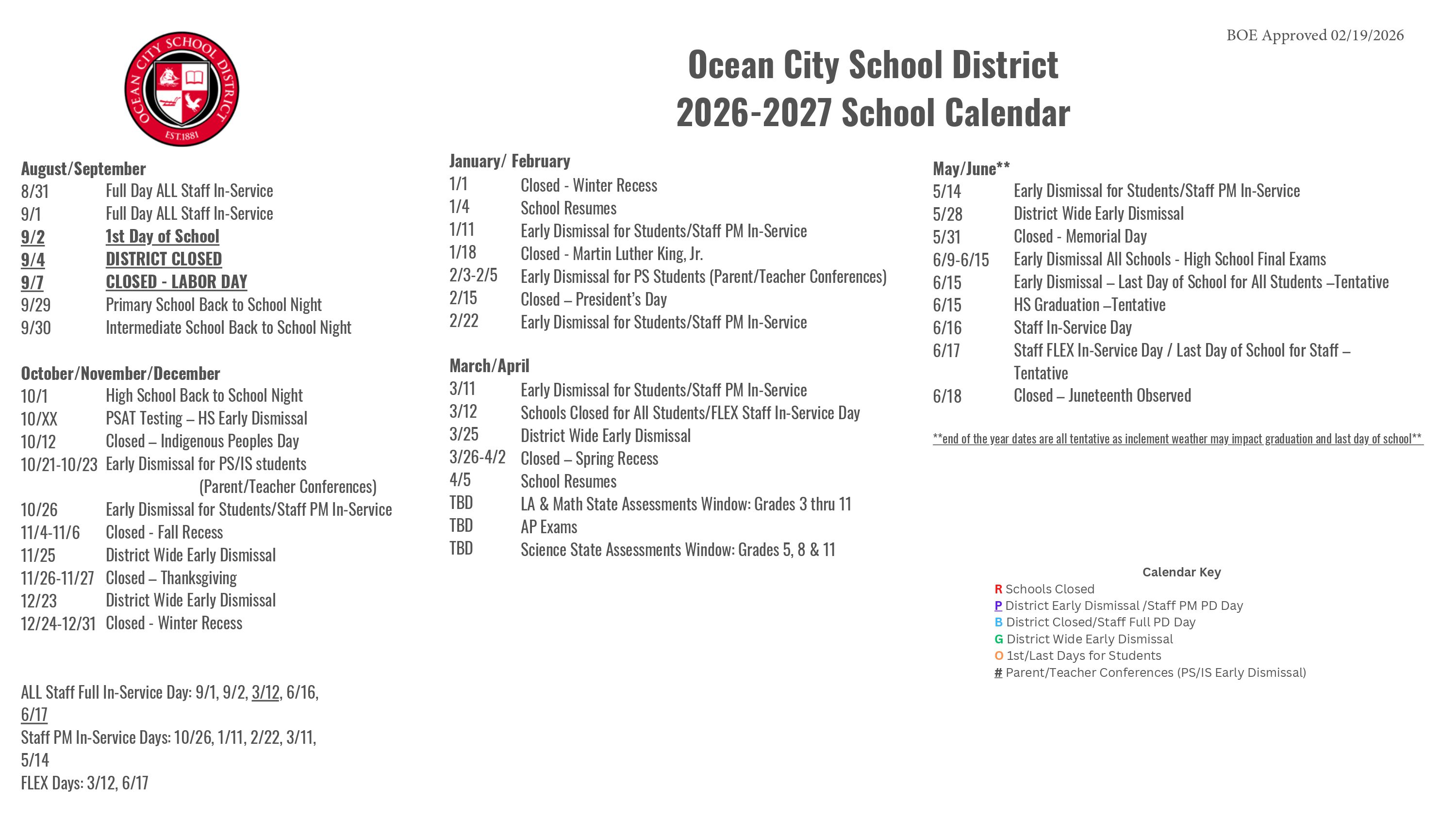 Ocean City School District  NJ Calendar 26-27 Updates