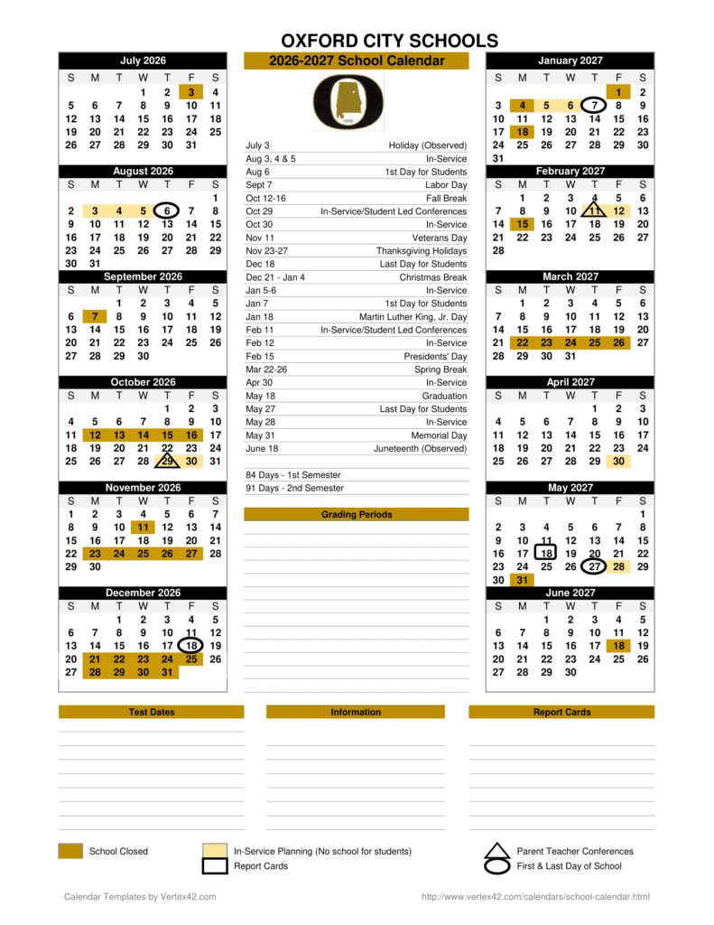 Oxford City Schools 26-27 Calendar