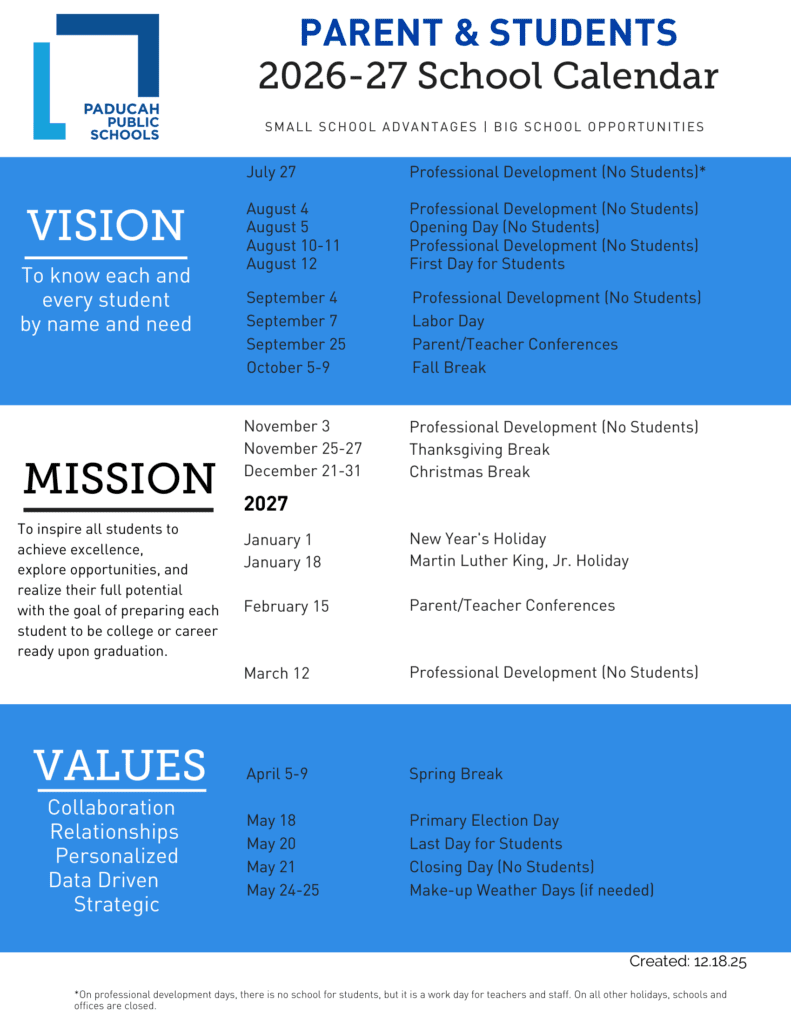 Paducah Public Schools 26-27 Calendar