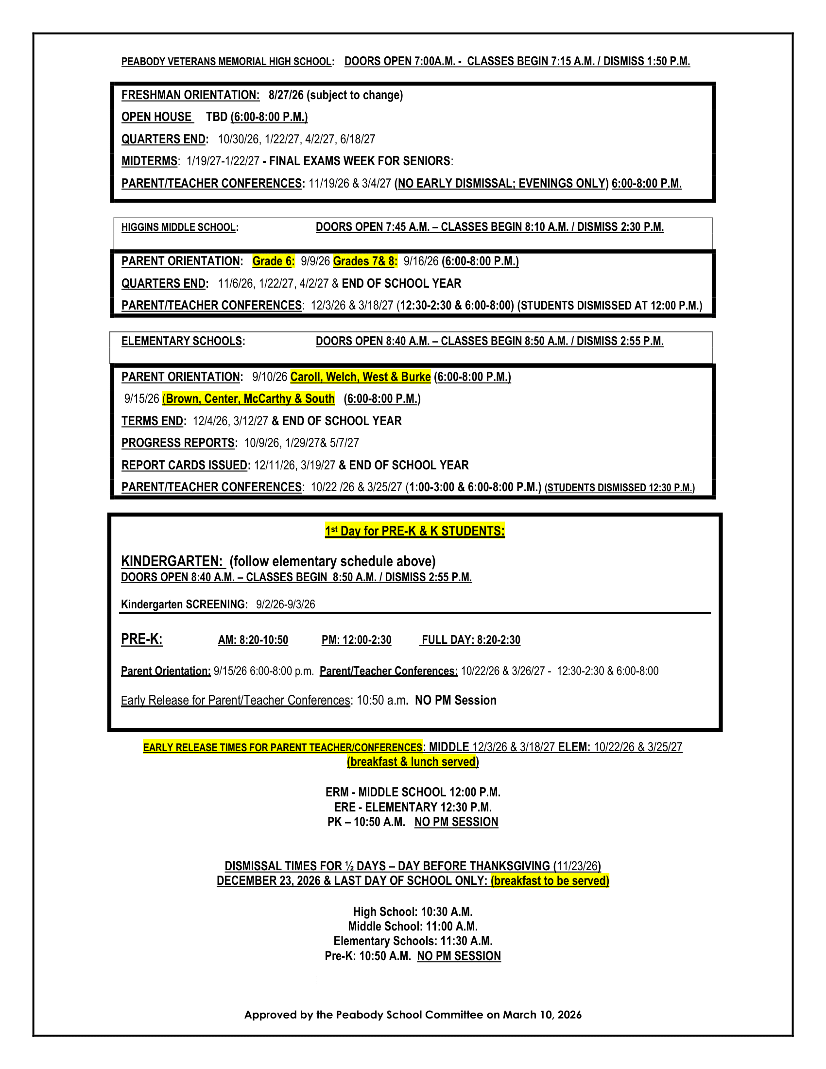 Peabody Public Schools MA Calendar 26-27 Revised [PDF]