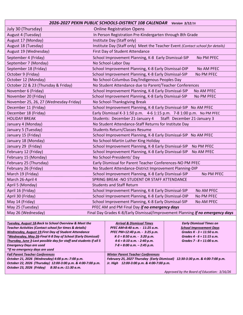 Pekin Public Schools District 108 26-27 Calendar