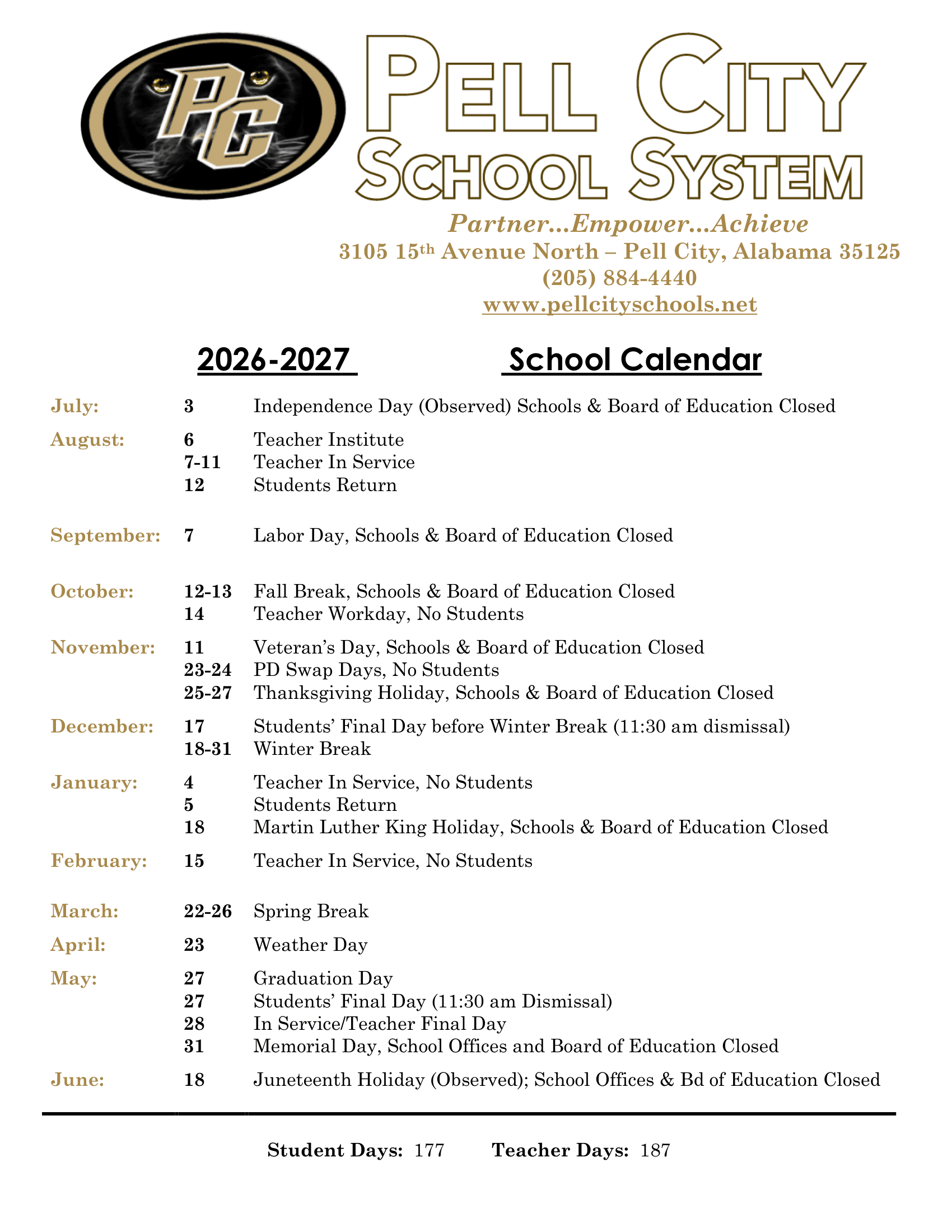 Pell City School System AL Calendar 26-27 Revised [PDF]
