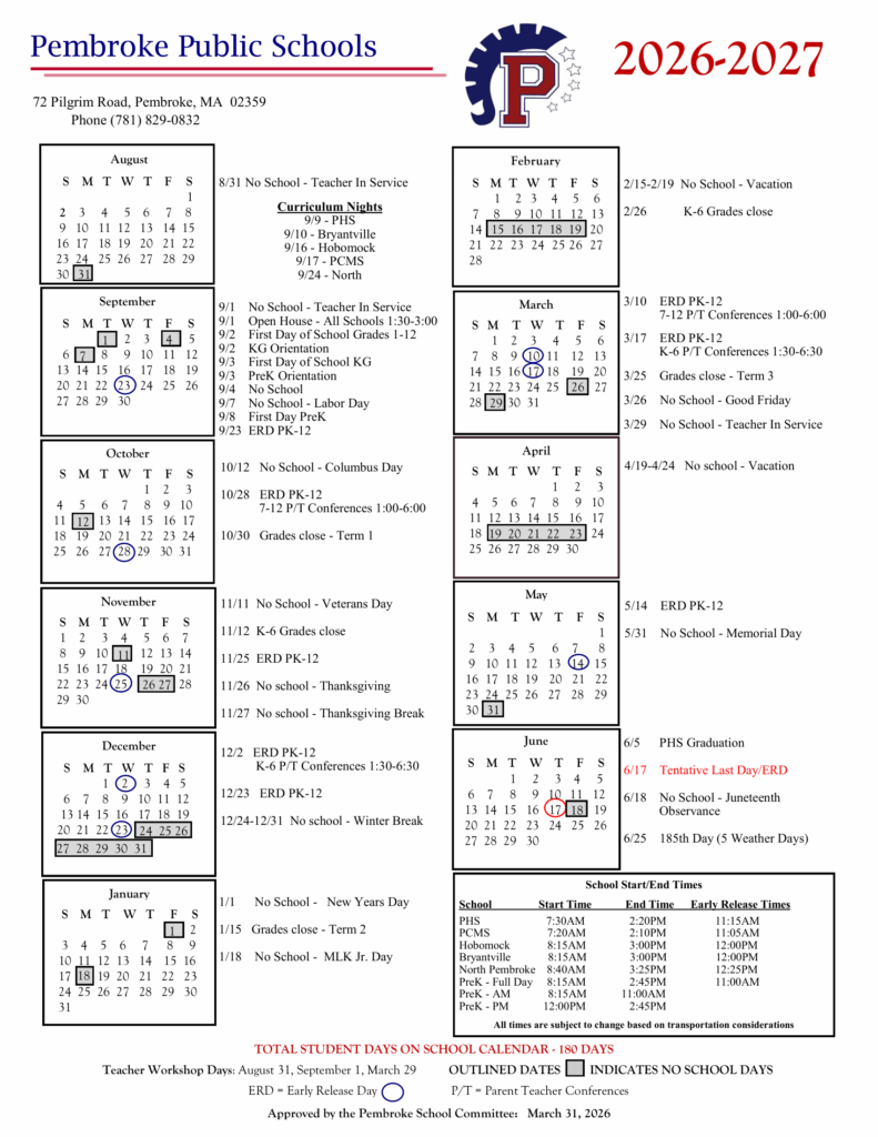 Pembroke Public Schools 26-27 Calendar