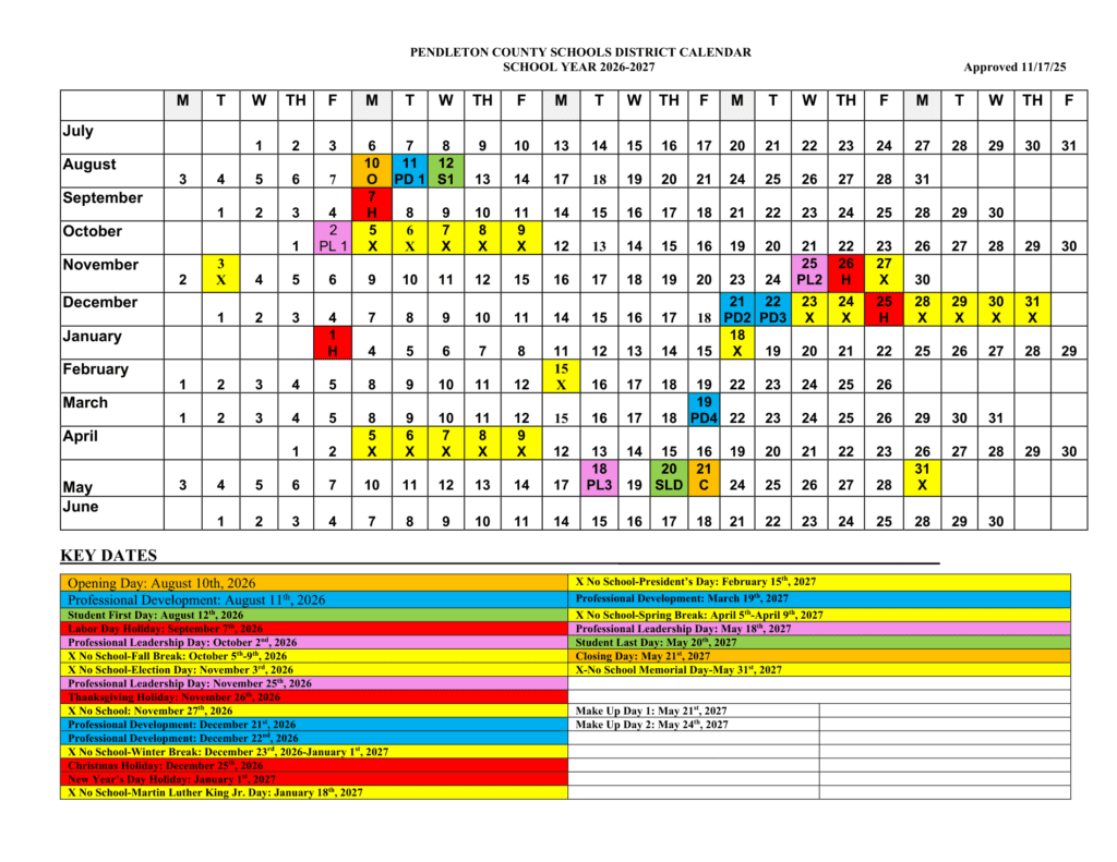 Pendleton County Schools 26-27 Calendar