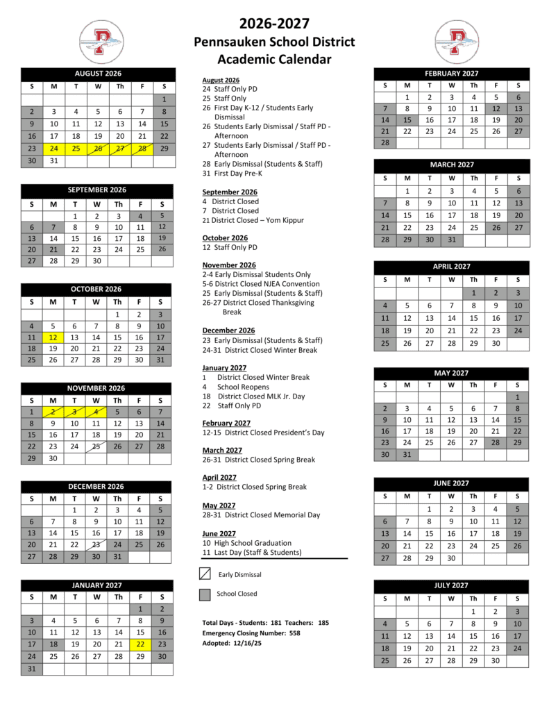 Pennsauken School District 26-27 Calendar