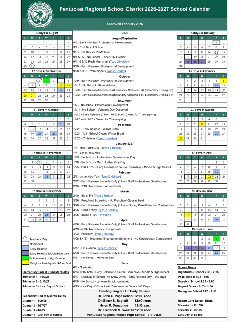 Pentucket Regional School District 26-27 Calendar