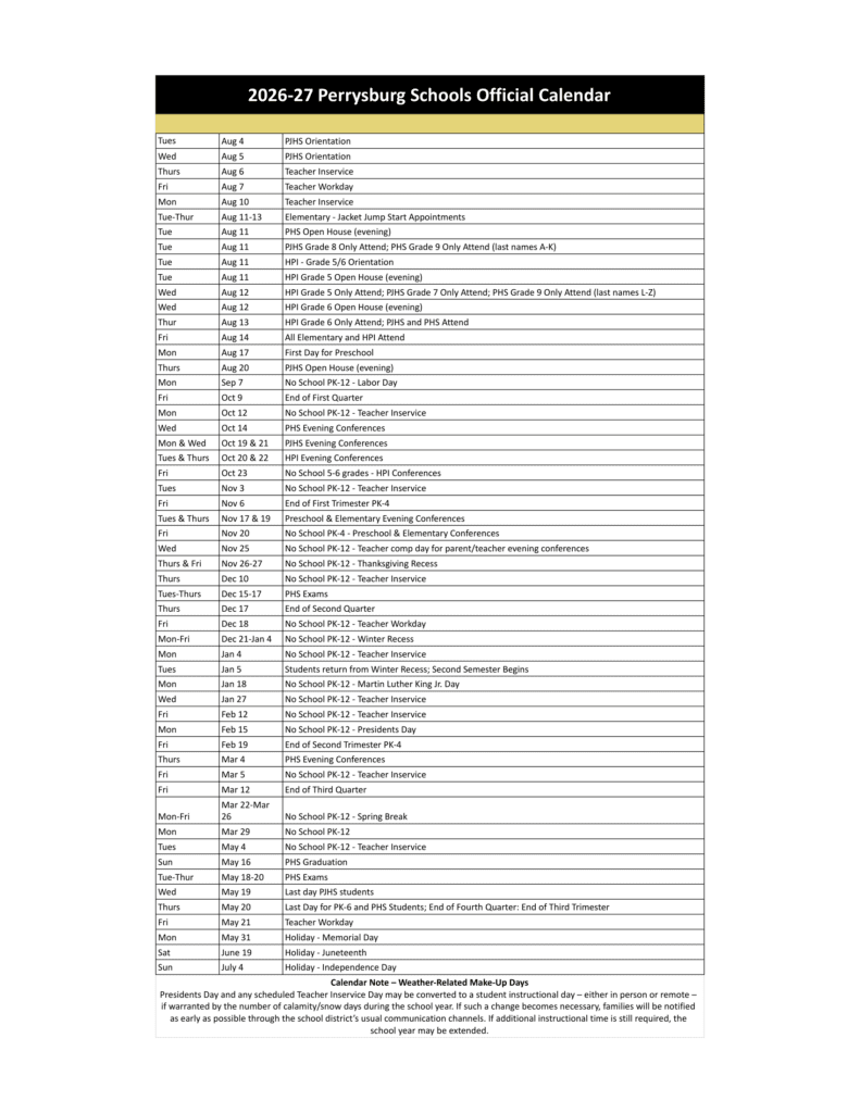 Perrysburg Schools 26-27 Calendar
