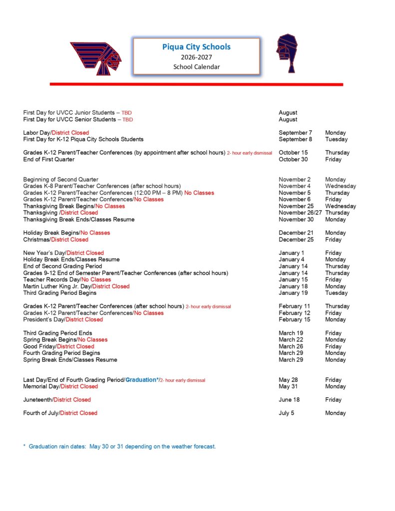 Piqua City Schools 2026-2027