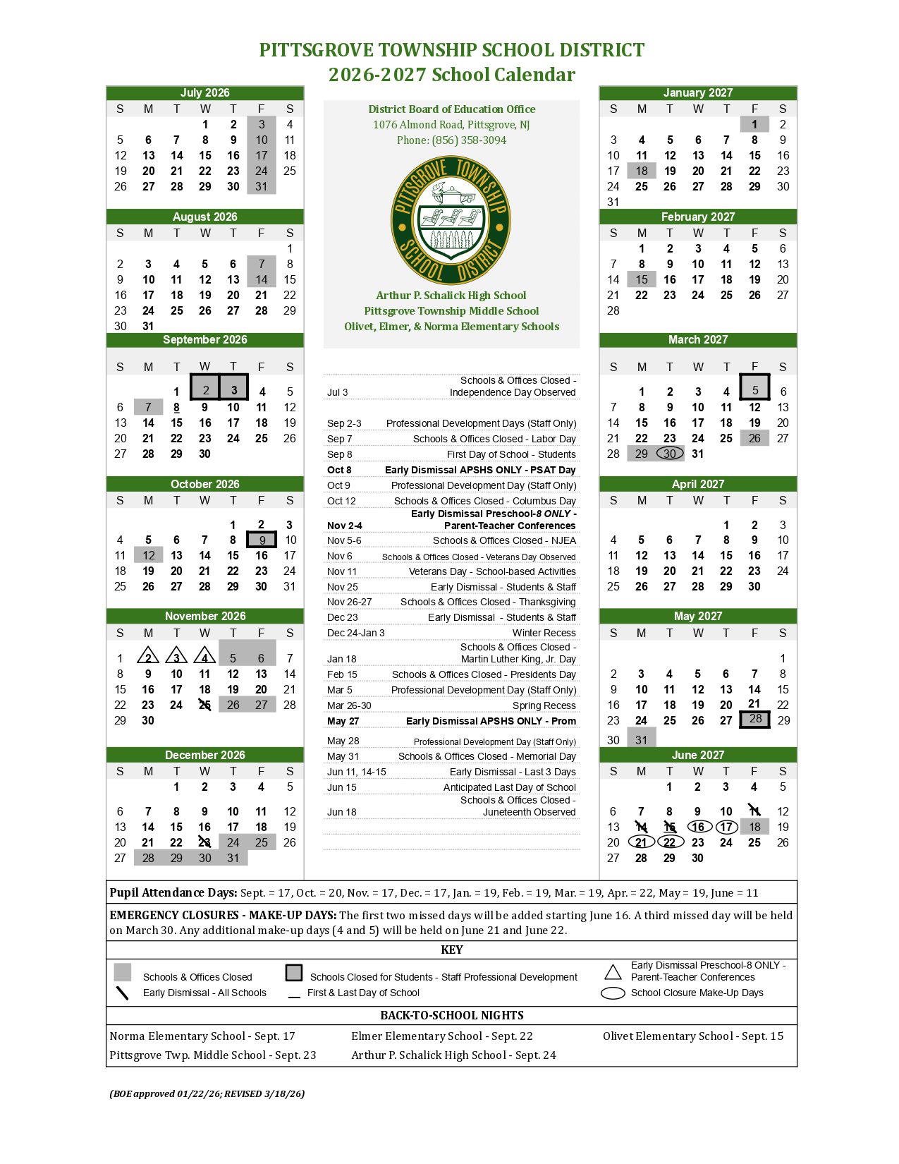Pittsgrove Township School District  NJ Calendar 26-27 Updates Logo