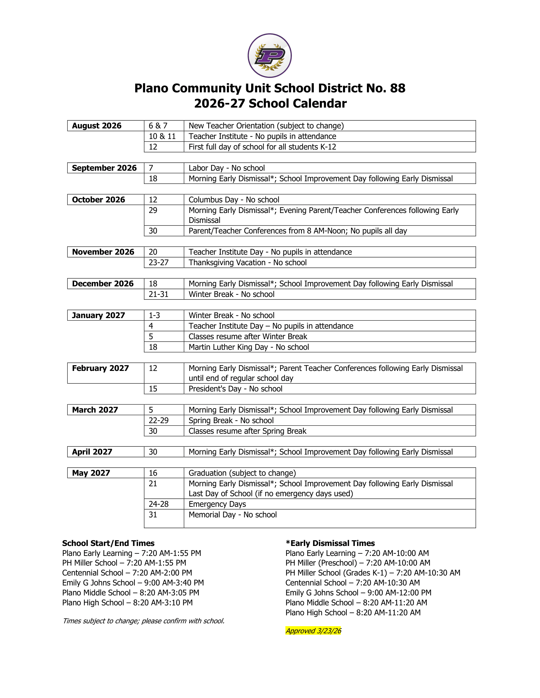 Plano Community Unit School CUSD 88  zCalendar 26-27 Updated