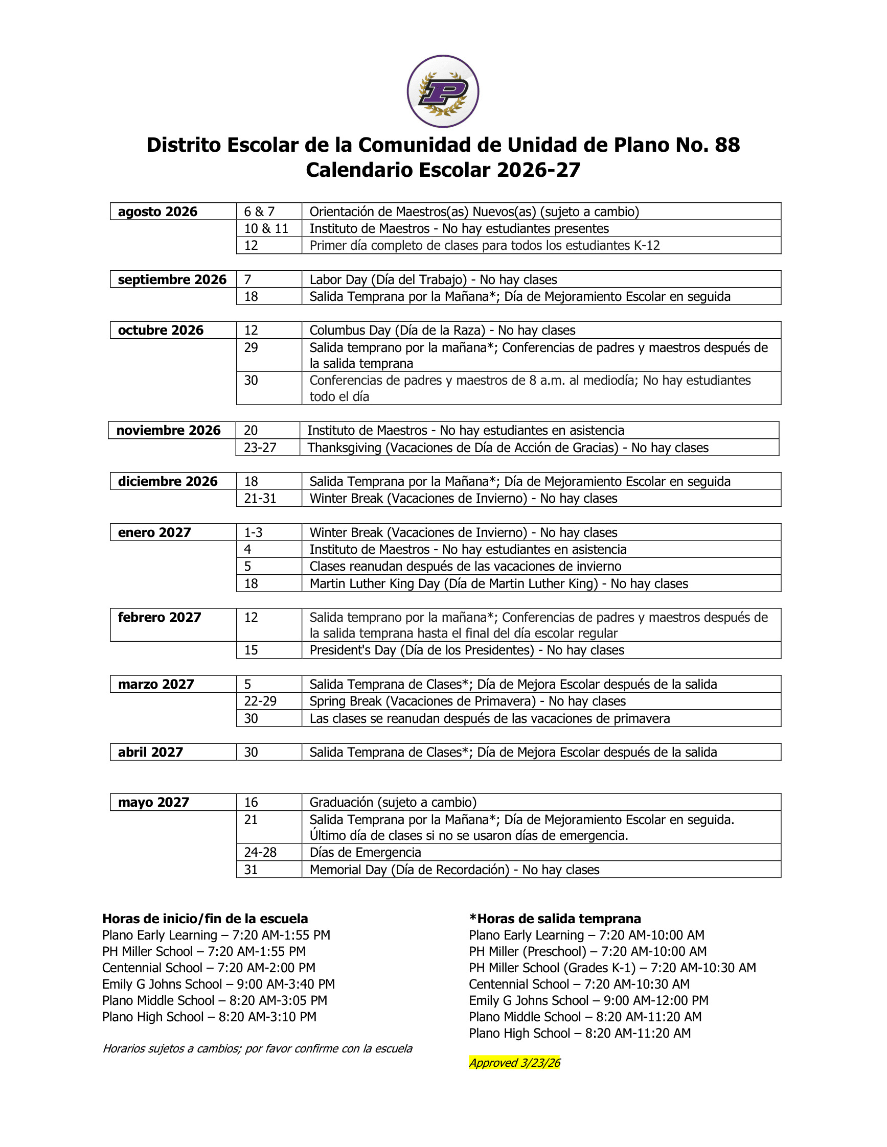 Plano Community Unit School CUSD 88  zCalendar 26-27 Updated