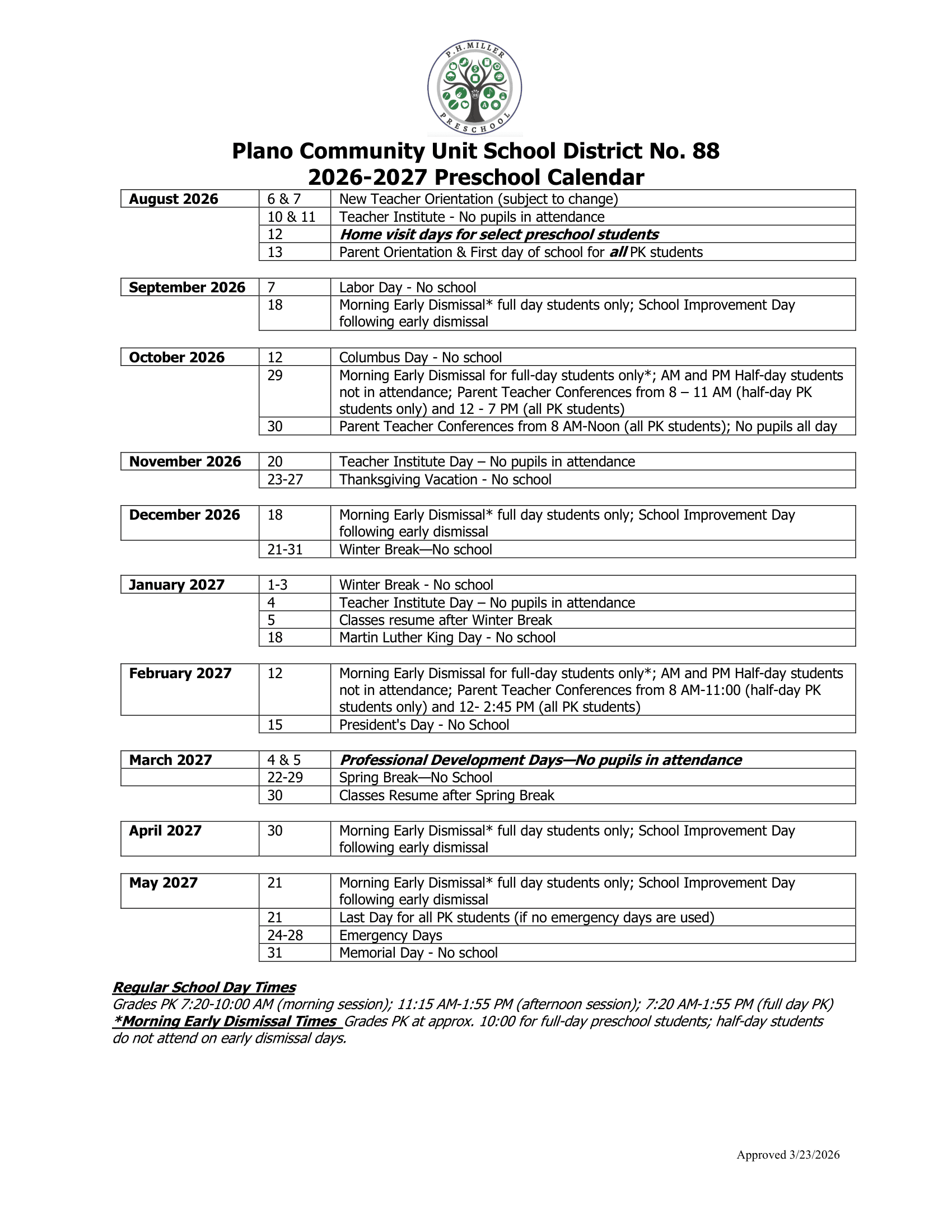 Plano Community Unit School CUSD 88  zCalendar 26-27 Updated