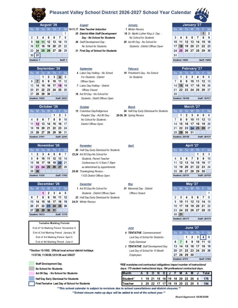 Pleasant Valley School District 2026-2027