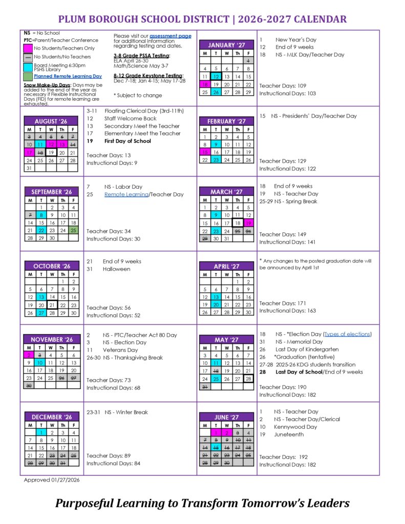 Plum Borough School District 2026-2027 calendar