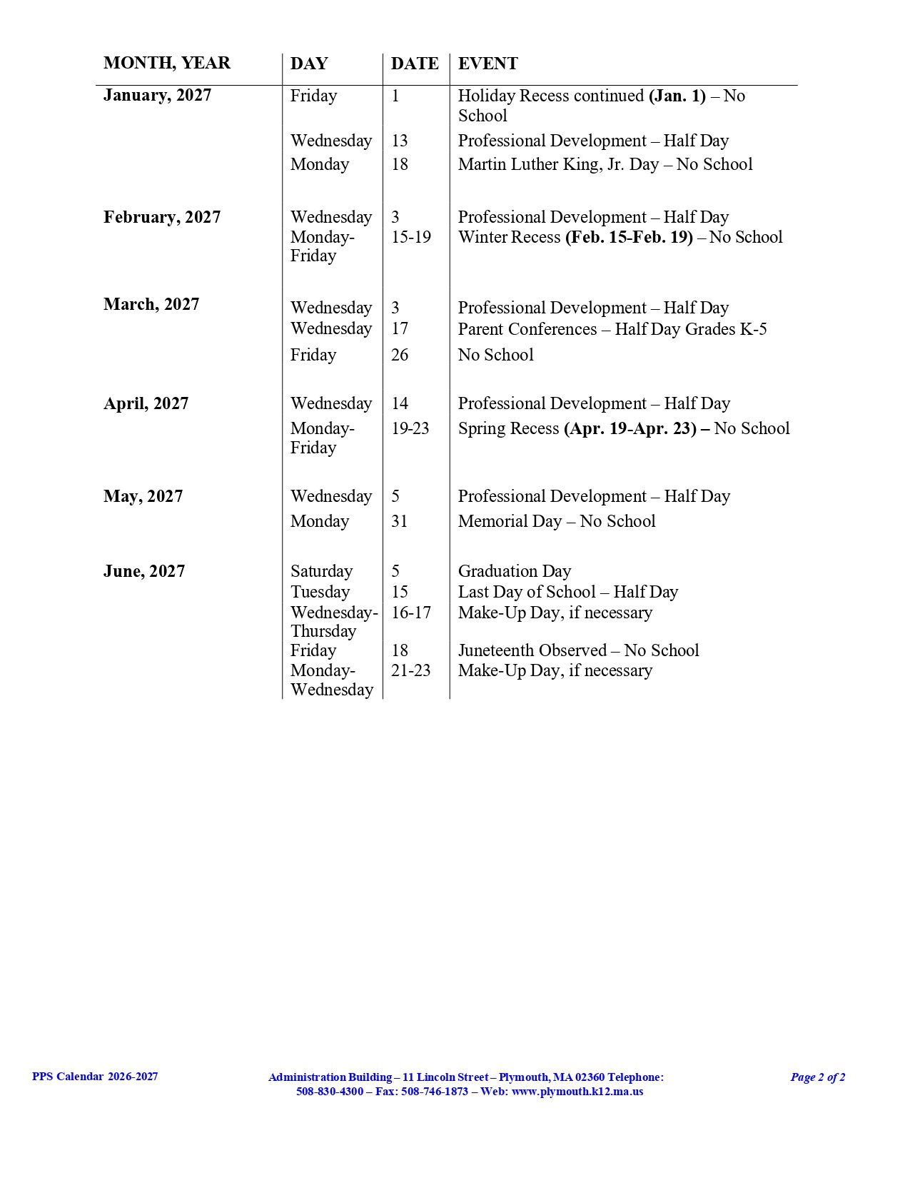 Plymouth Public Schools MA Calendar 26-27 [PDF]