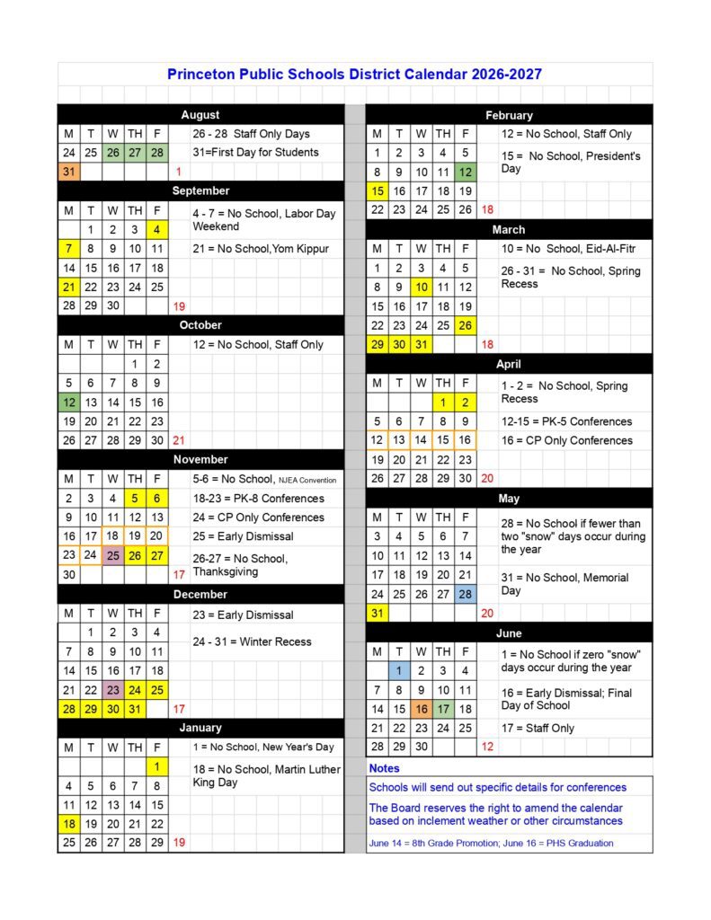 Princeton Public Schools Calendar 26-27 Updates