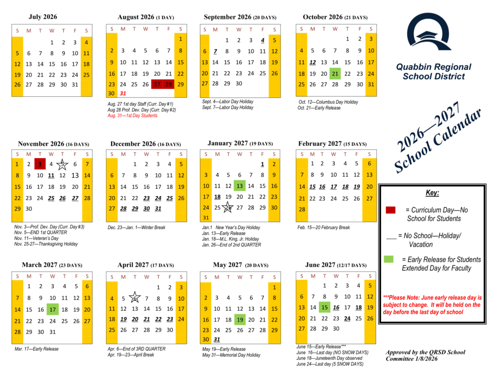 Quabbin Regional School District 26-27 Calendar