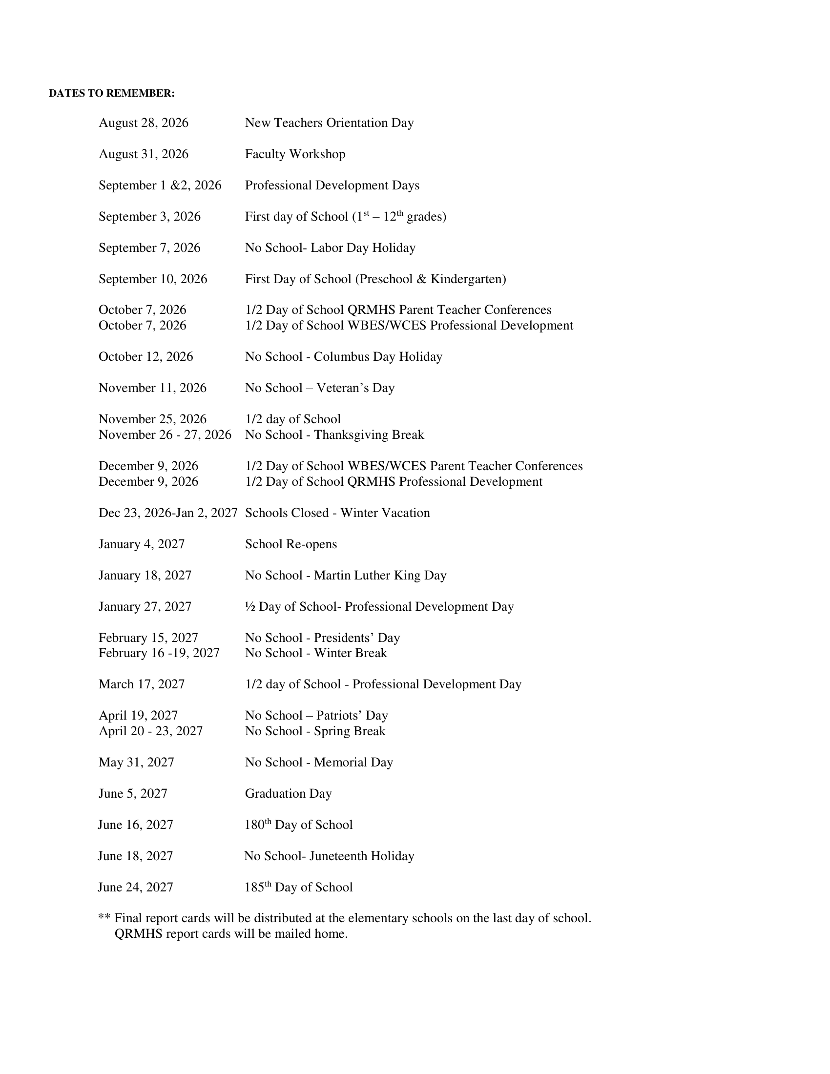 Quaboag Regional School District Calendar 26-27 Updates