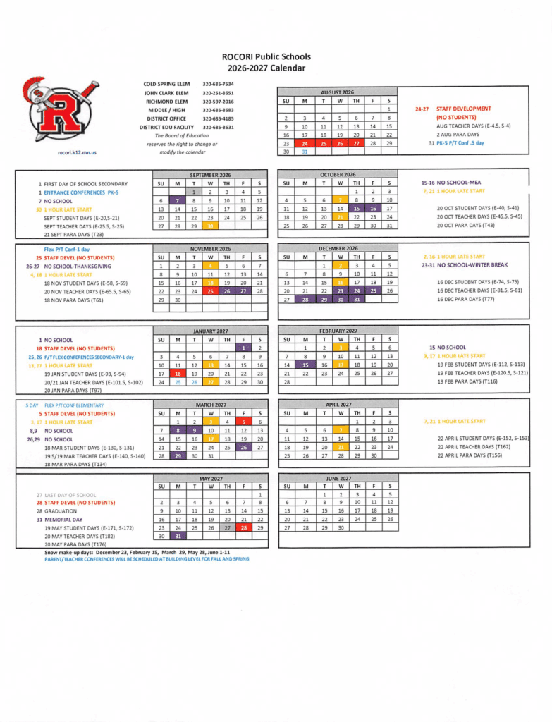 ROCORI Public Schools 26-27 Calendar