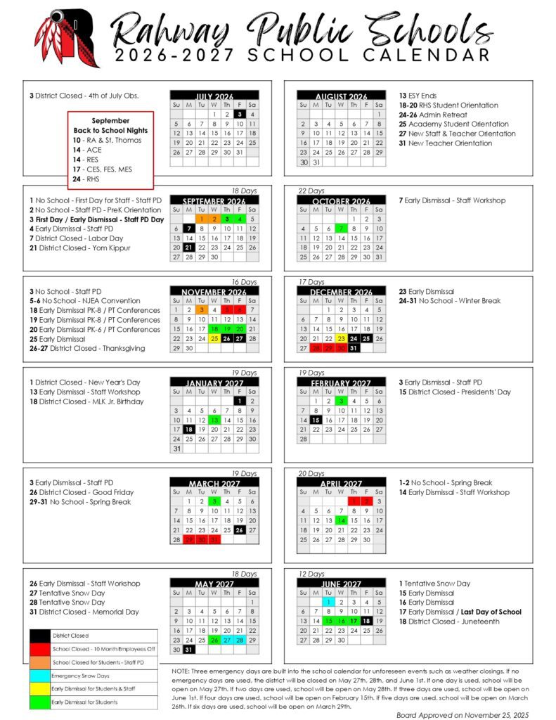Rahway Public Schools Calendar 26-27 Updates