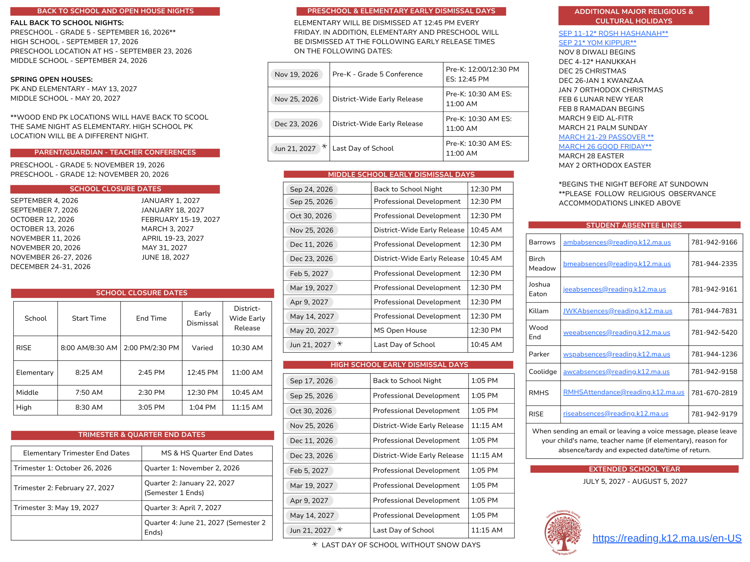 Reading Public Schools MA Calendar 26-27 Revised [PDF]