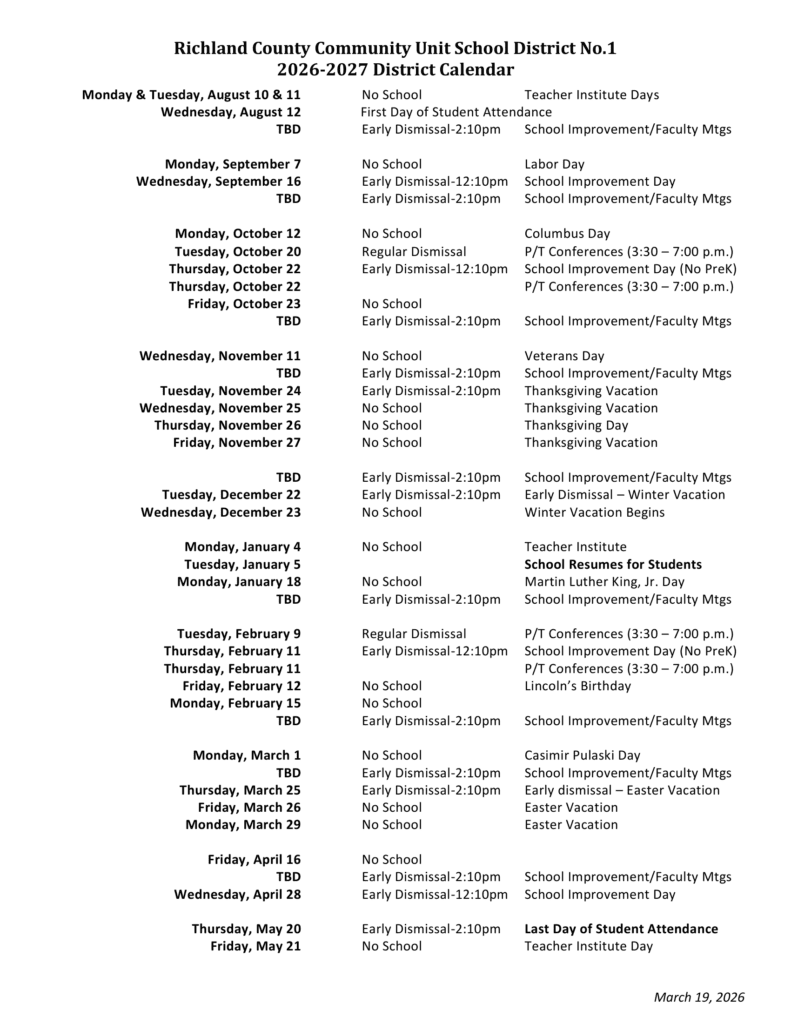Richland County Community Unit School District No.1 26-27 Calendar