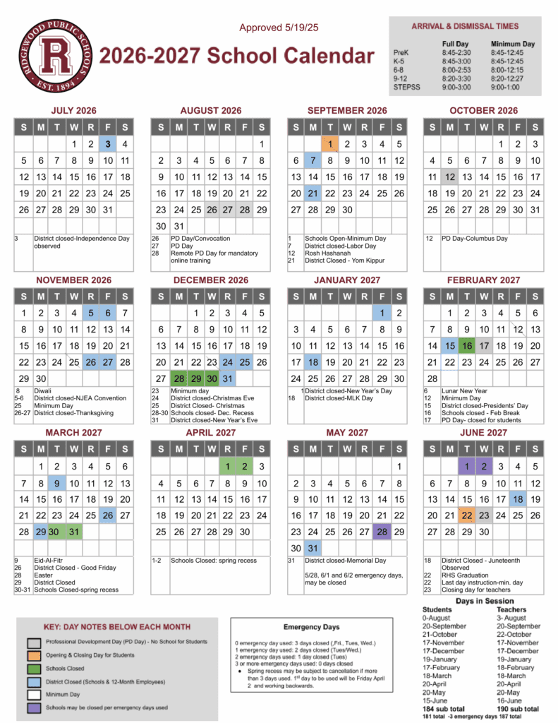Ridgewood Public Schools 26-27 Calendar