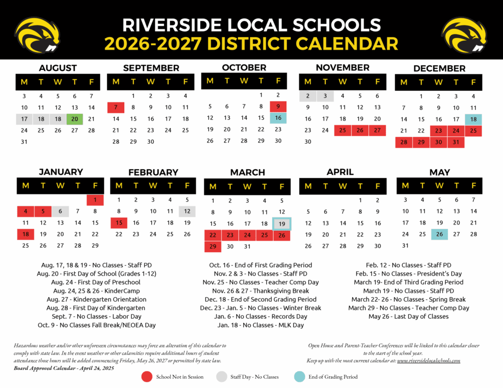 Riverside Local Schools 26-27 Calendar