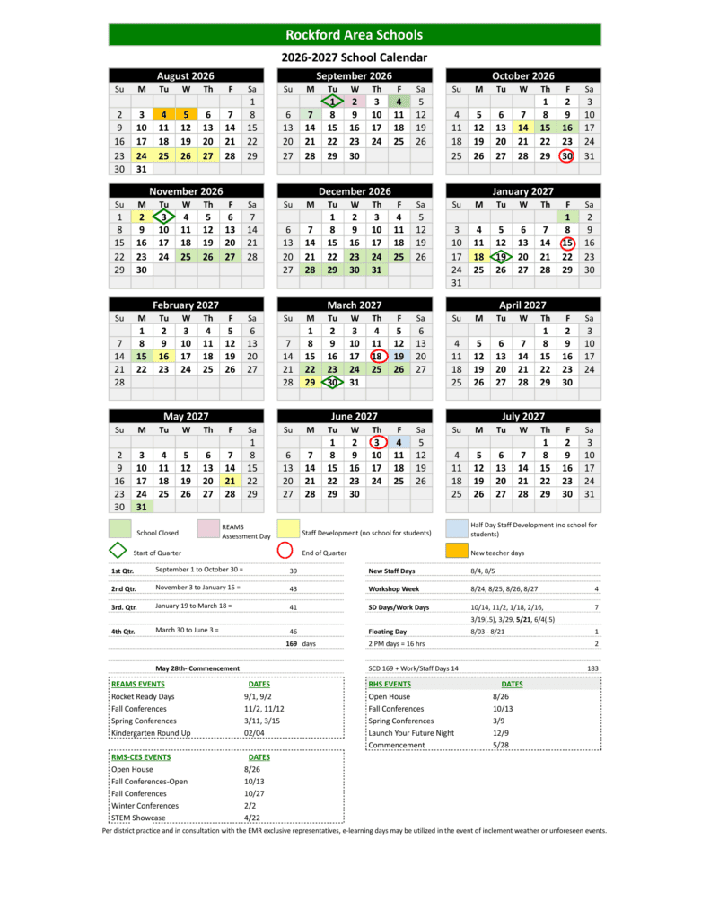 Rockford Area Schools 26-27 Calendar