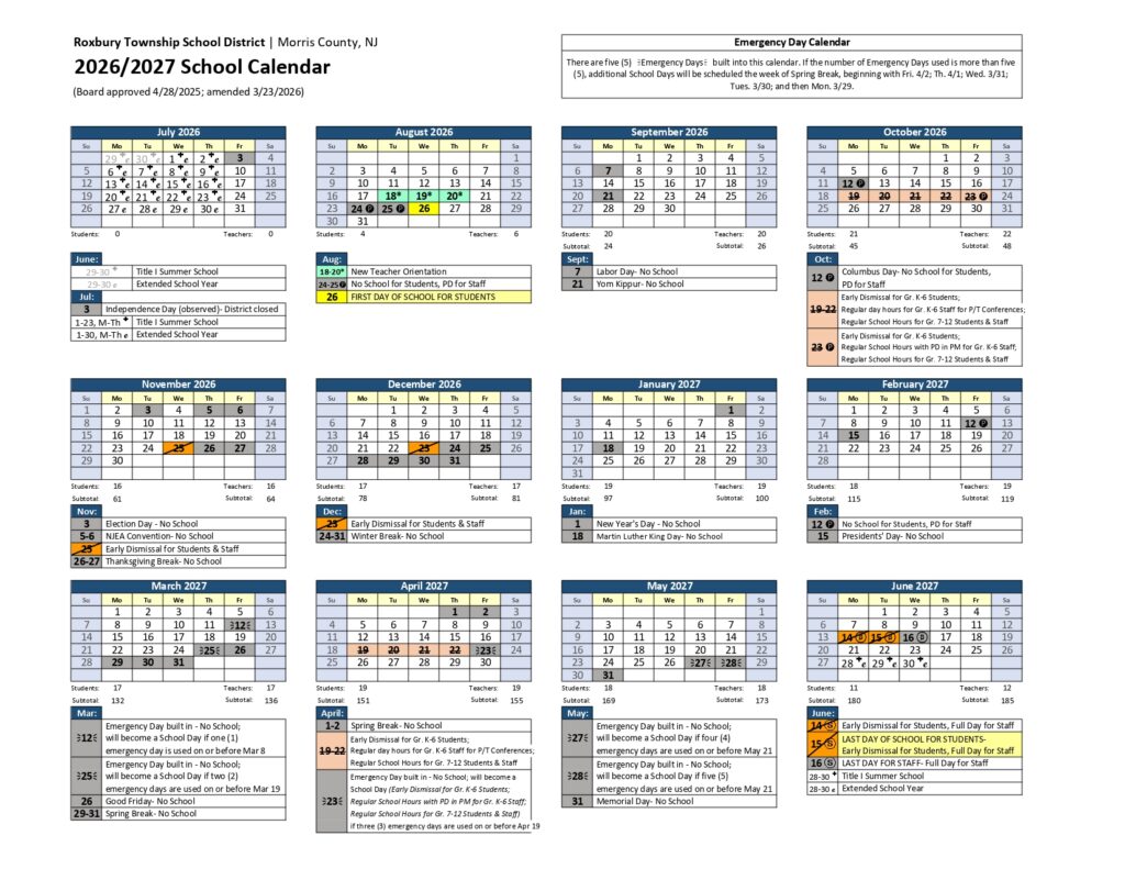 Roxbury Township School District 2026-2027