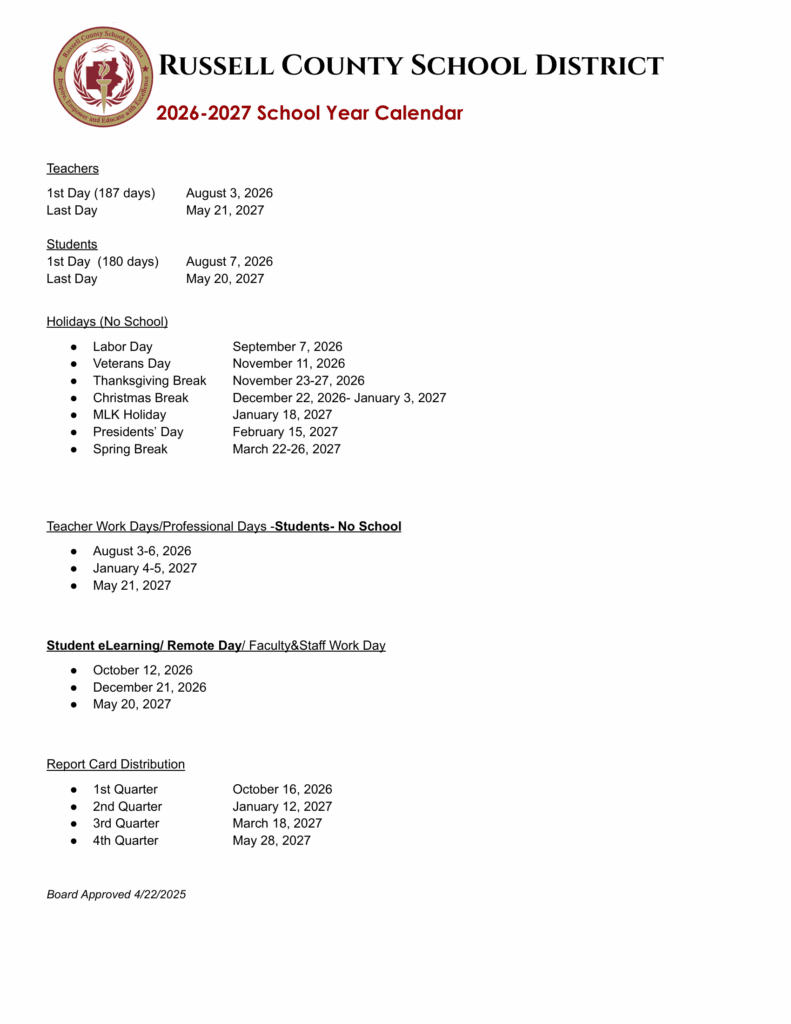 Russell County School District 26-27 Calendar