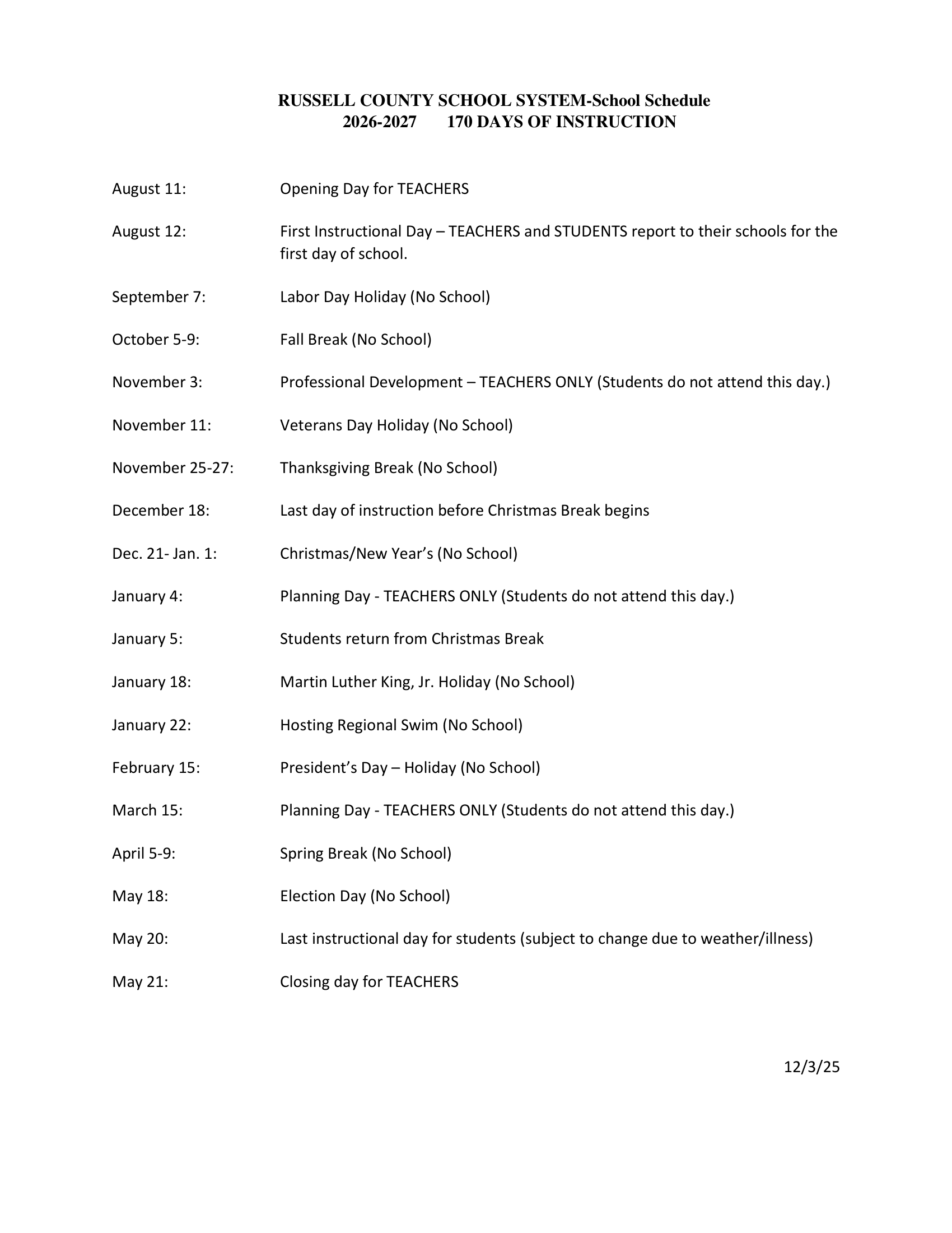 Russell County School System ky Calendar 26-27 Updates