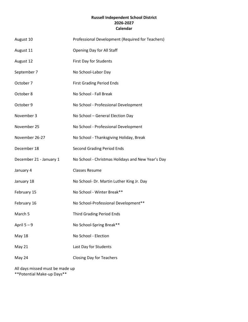 Russell Independent School District 26-27 Calendar