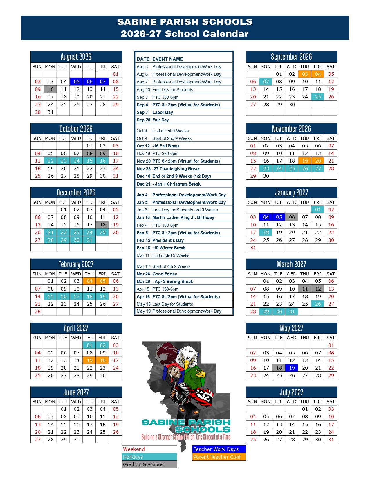 SABINE PARISH SCHOOLS  Calendar 26-27 Revised [PDF] Logo