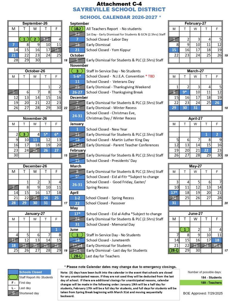 SAYREVILLE SCHOOL DISTRICT 2026-2027