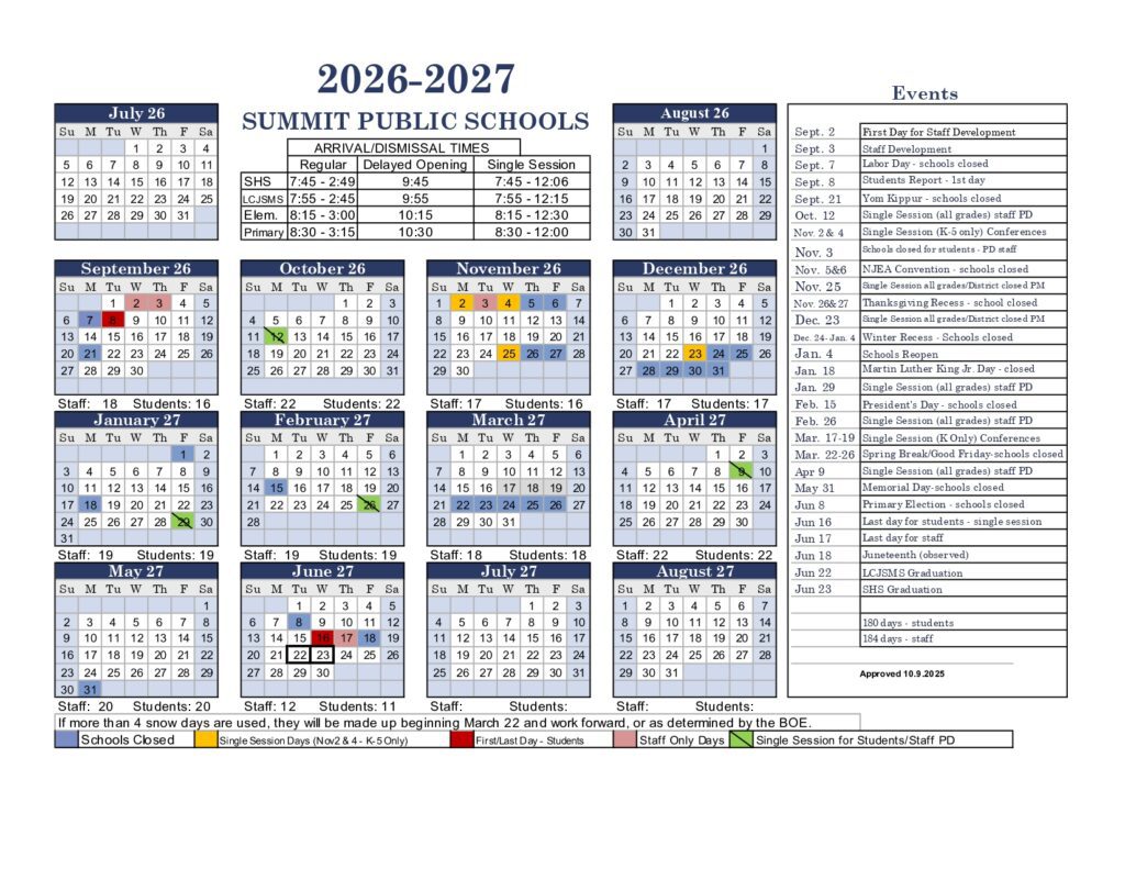 SUMMIT PUBLIC SCHOOLS NJ 26-27 Calendar Updates