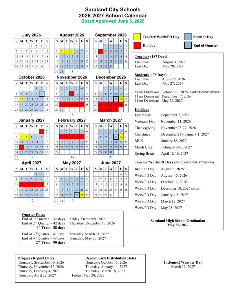 Saraland City Schools 26-27 Calendar