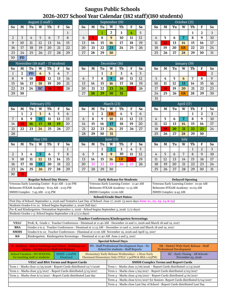 Saugus Public Schools 26-27 Calendar