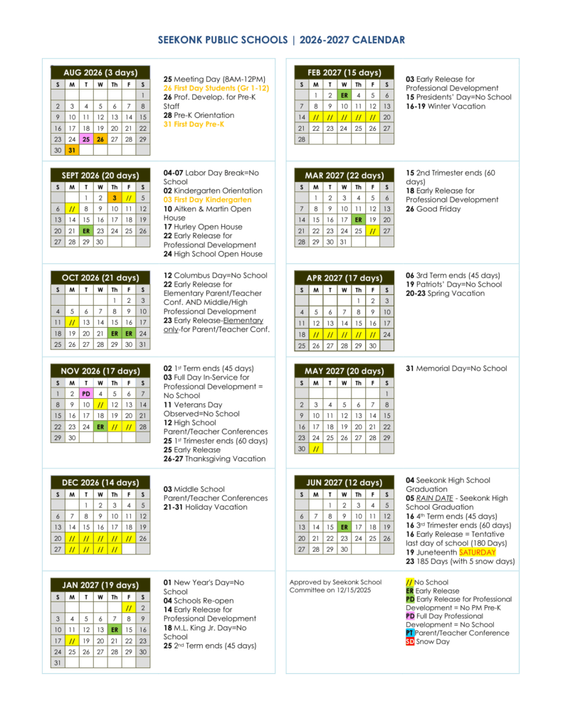 Seekonk Public Schools 26-27 Calendar