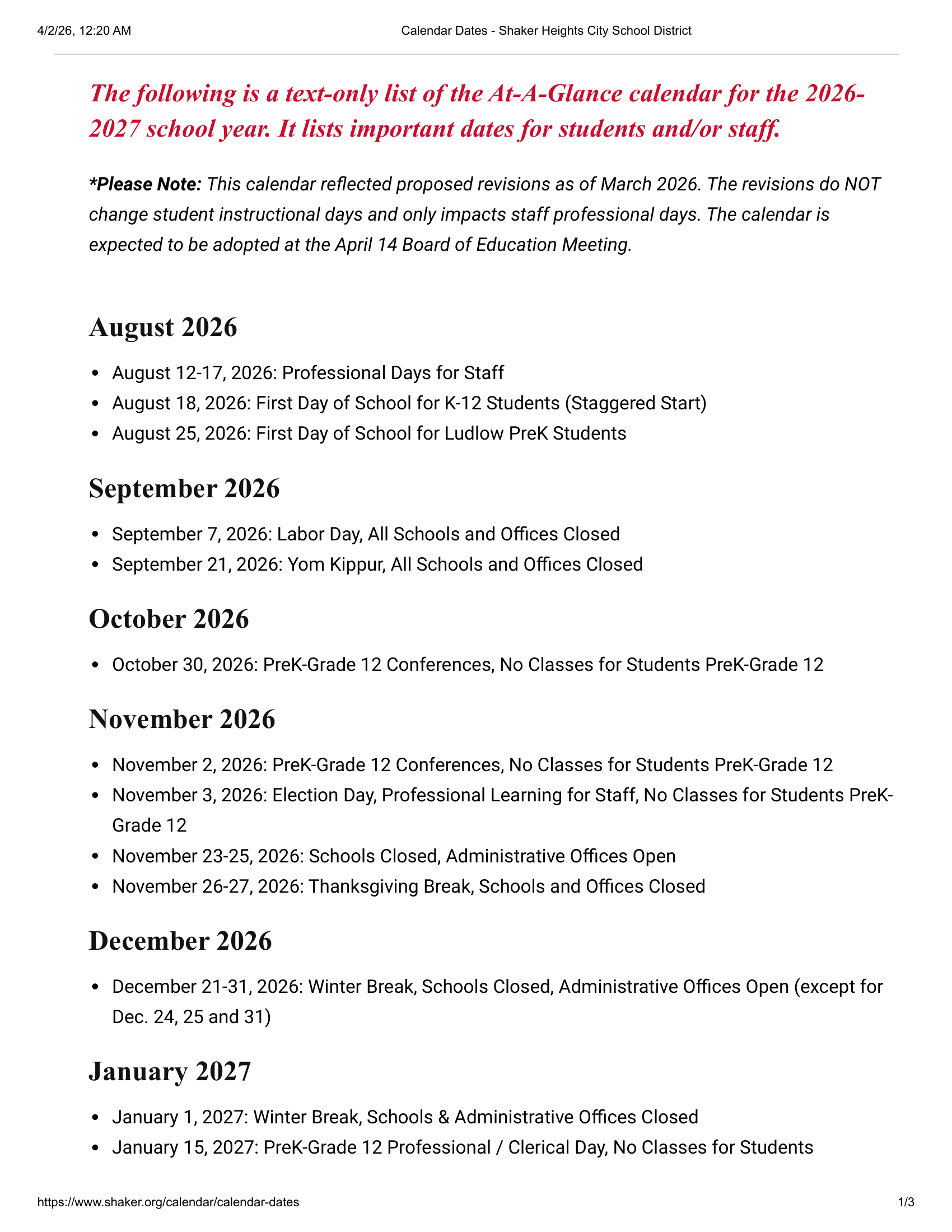 Shaker Heights City School District Calendar 26-27 Updates