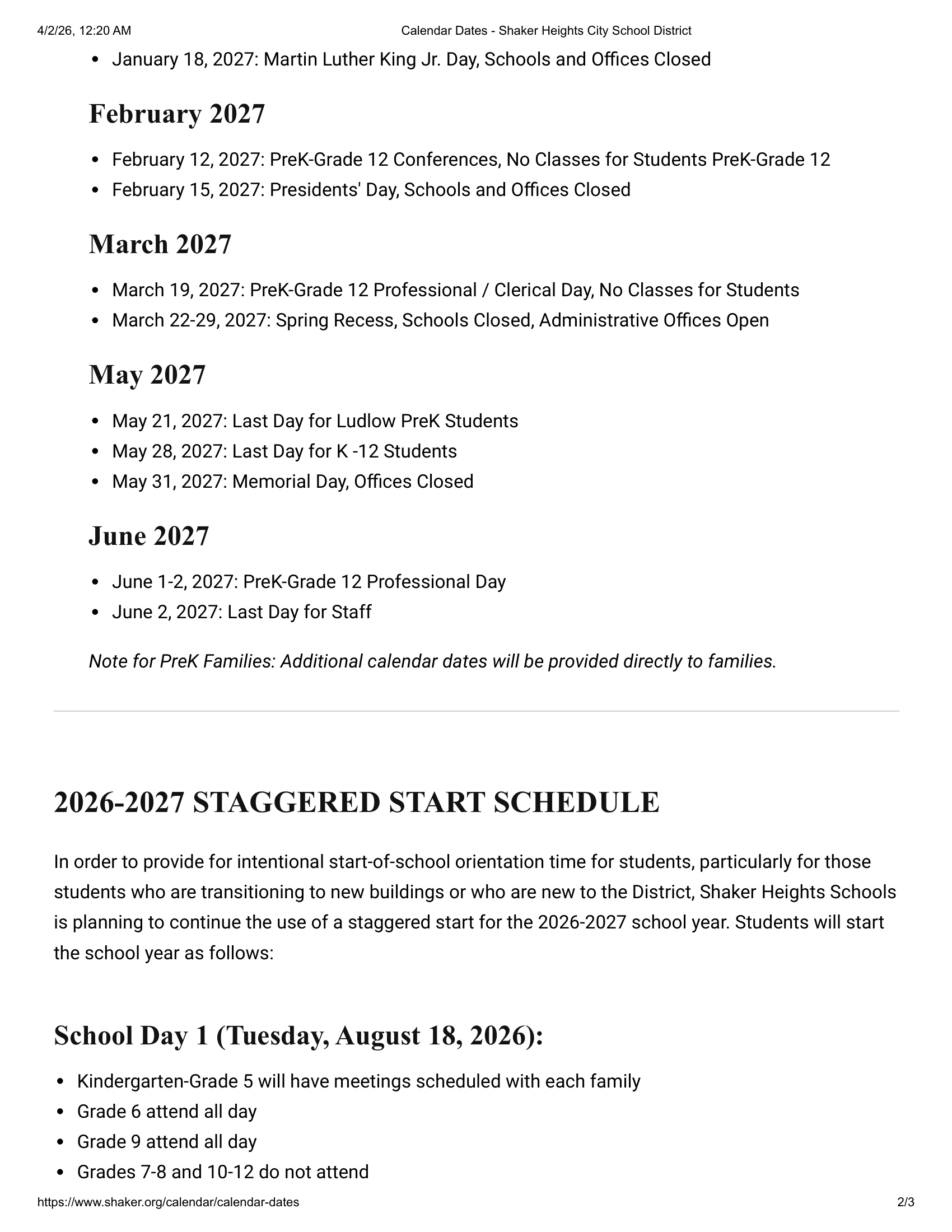 Shaker Heights City School District Calendar 26-27 Updates Logo