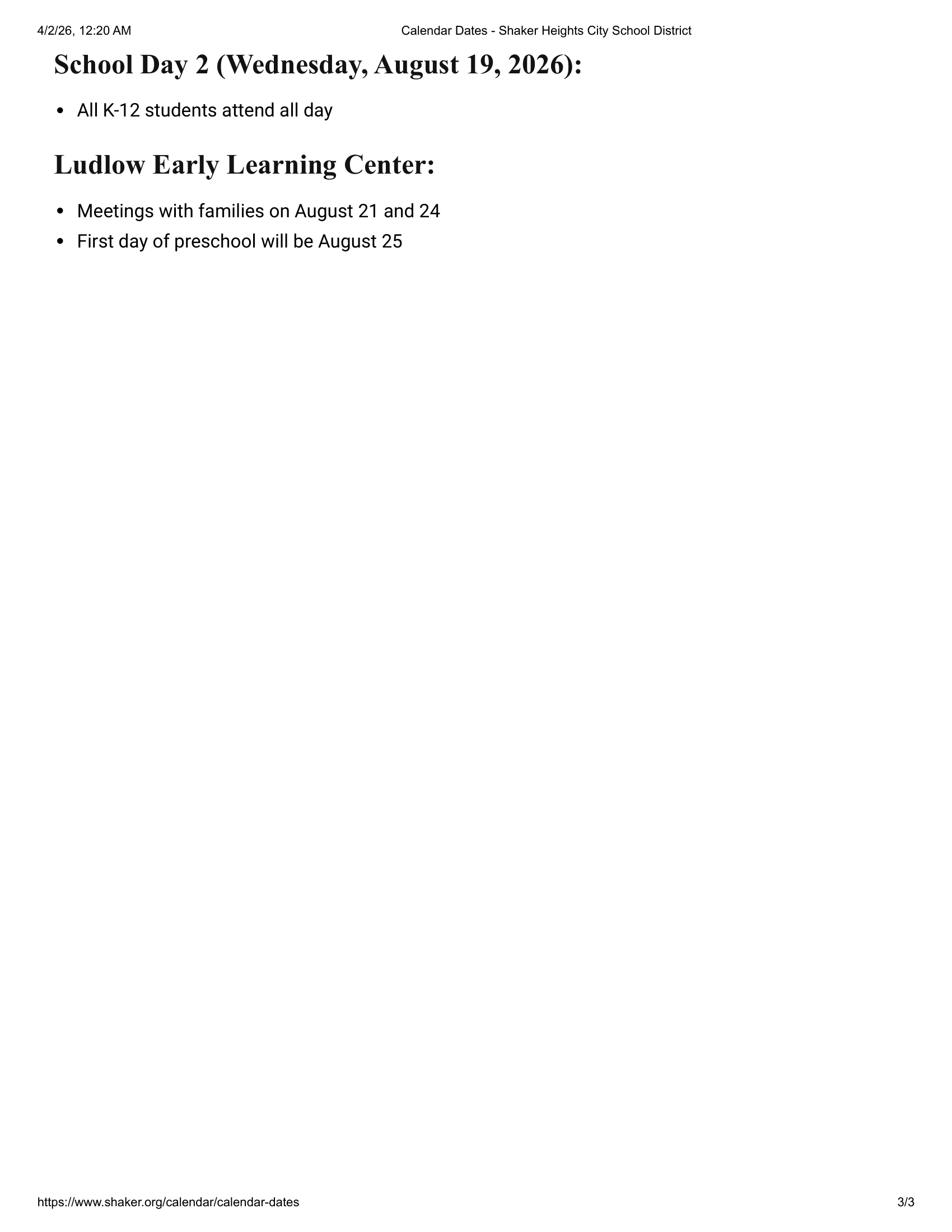 Shaker Heights City School District Calendar 26-27 Updates